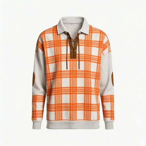 Men's Orange & White Plaid Print Polo Collar Sweatshirt with Lace-Up Neck