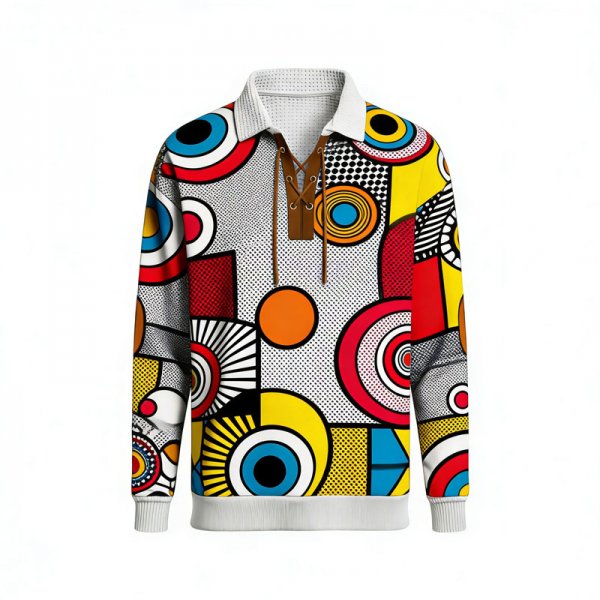 Men's Pop Art Circle & Geometric Print Polo Collar Sweatshirt with Lace-Up Neck