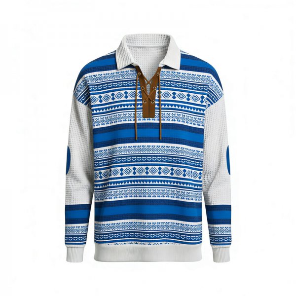 Men's Blue & White Ethnic Geometric Stripe Polo Collar Sweatshirt with Lace-Up Neck