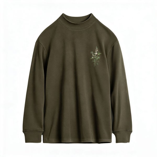 Women's Olive High Neck Top with Delicate Flower Embroidery