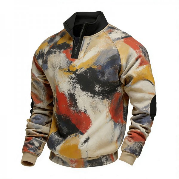 Men's Khaki Half-Zip Stand Collar Sweatshirt with Abstract Oil Painting Print