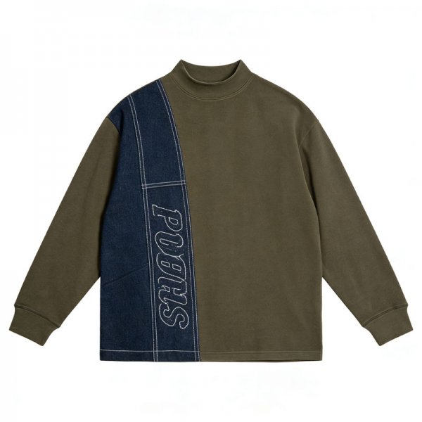 Women's Olive & Denim Patchwork High Neck Top with "POOHS" Embroidery