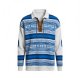 Men's Blue & White Ethnic Geometric Stripe Polo Collar Sweatshirt with Lace-Up Neck