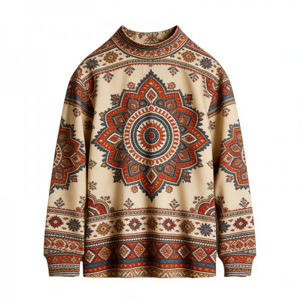 Women's Beige High Neck Top with Ethnic Mandala Print