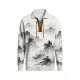 Men's Chinese Ink Landscape Print Polo Collar Sweatshirt with Lace-Up Neck