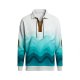 Men's Blue & White Gradient Wave Print Polo Collar Sweatshirt with Lace-Up Neck