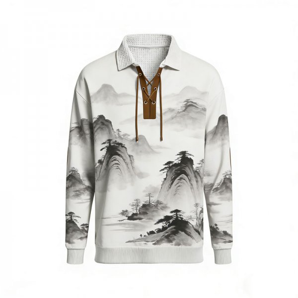 Men's Chinese Ink Landscape Print Polo Collar Sweatshirt with Lace-Up Neck