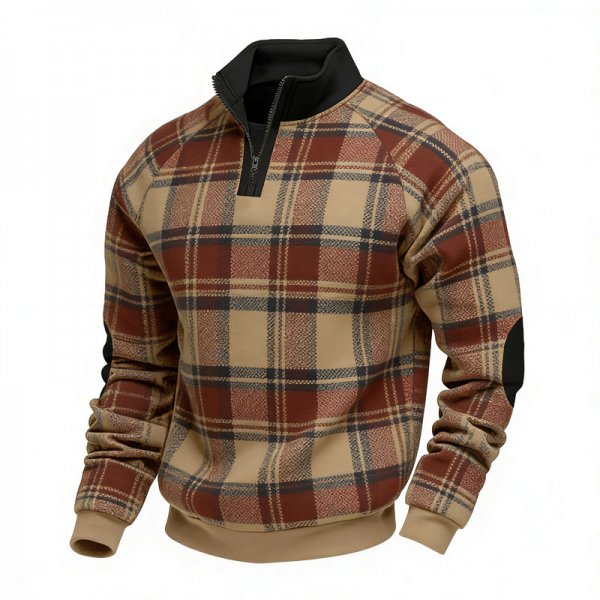 Men's Khaki & Red Plaid Print Half-Zip Stand Collar Sweatshirt