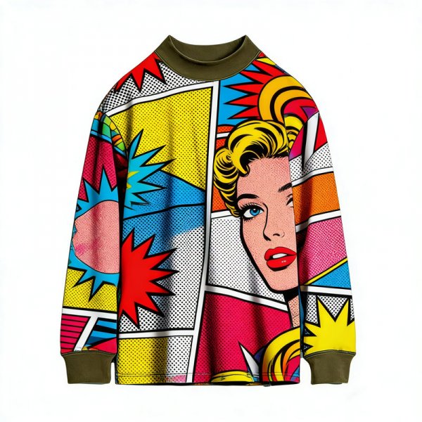Women's Olive Collar High Neck Top with Pop Art Comic Print