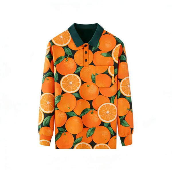 Women's Black Long-Sleeve Polo Shirt with Full Orange Print & Dark Green Collar