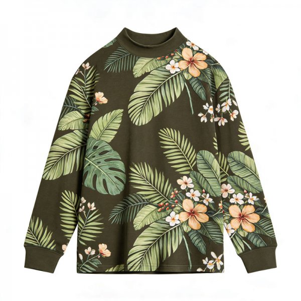 Women's Olive High Neck Top with Full Tropical Leaf & Flower Print