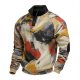 Men's Khaki Half-Zip Stand Collar Sweatshirt with Abstract Oil Painting Print