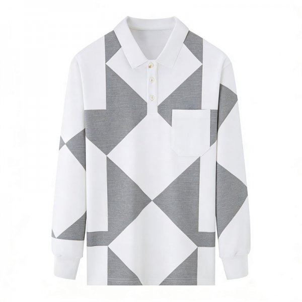 Women's White & Gray Diamond Plaid Patchwork Long-Sleeve Polo Shirt