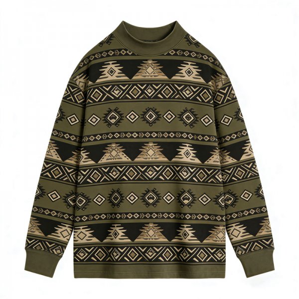 Women's Olive High Neck Top with Ethnic Geometric Stripe Print