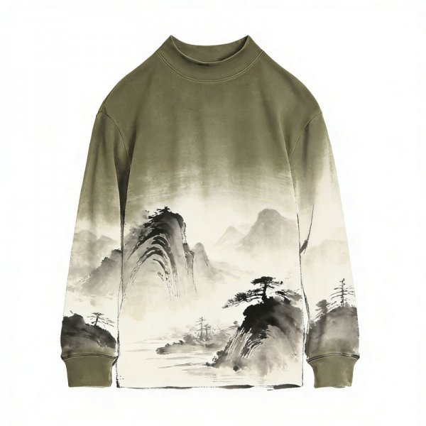 Women's Olive Gradient High Neck Top with Ink Landscape Print