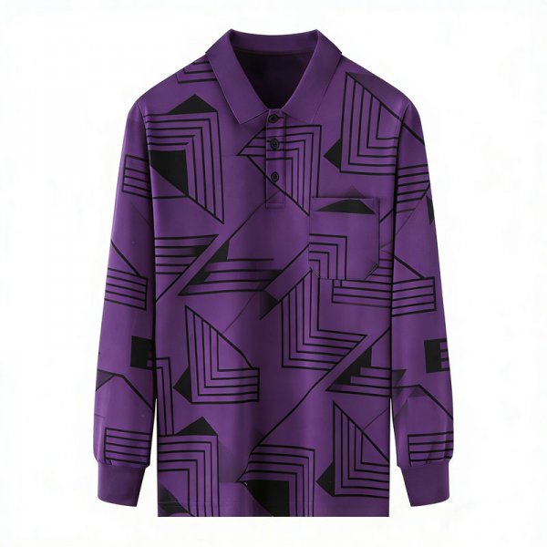 Women's Purple Long-Sleeve Polo Shirt with Black Geometric Line Print