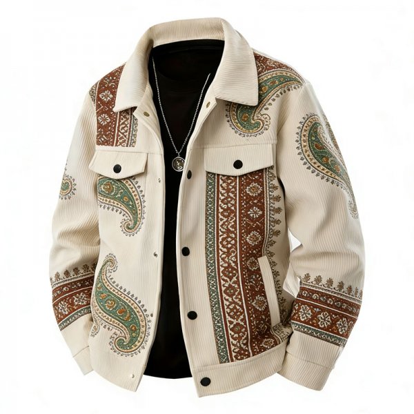 Men's Beige Paisley Pattern Print Shirt Collar Jacket with Utility Pockets