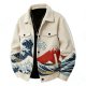 Men's Beige Ukiyo-e Wave & Mount Fuji Print Shirt Collar Jacket